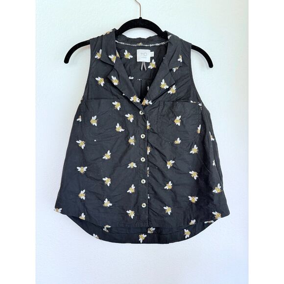 Anthro HD in Paris Embroidered Winnie Bee Sleeveless Button Down Top in Black 6 - Picture 3 of 9
